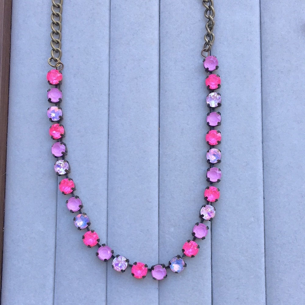 Hot Pink, Pink Opal + Lilac Pink Antique Brass Crystal Statement Tennis Necklace